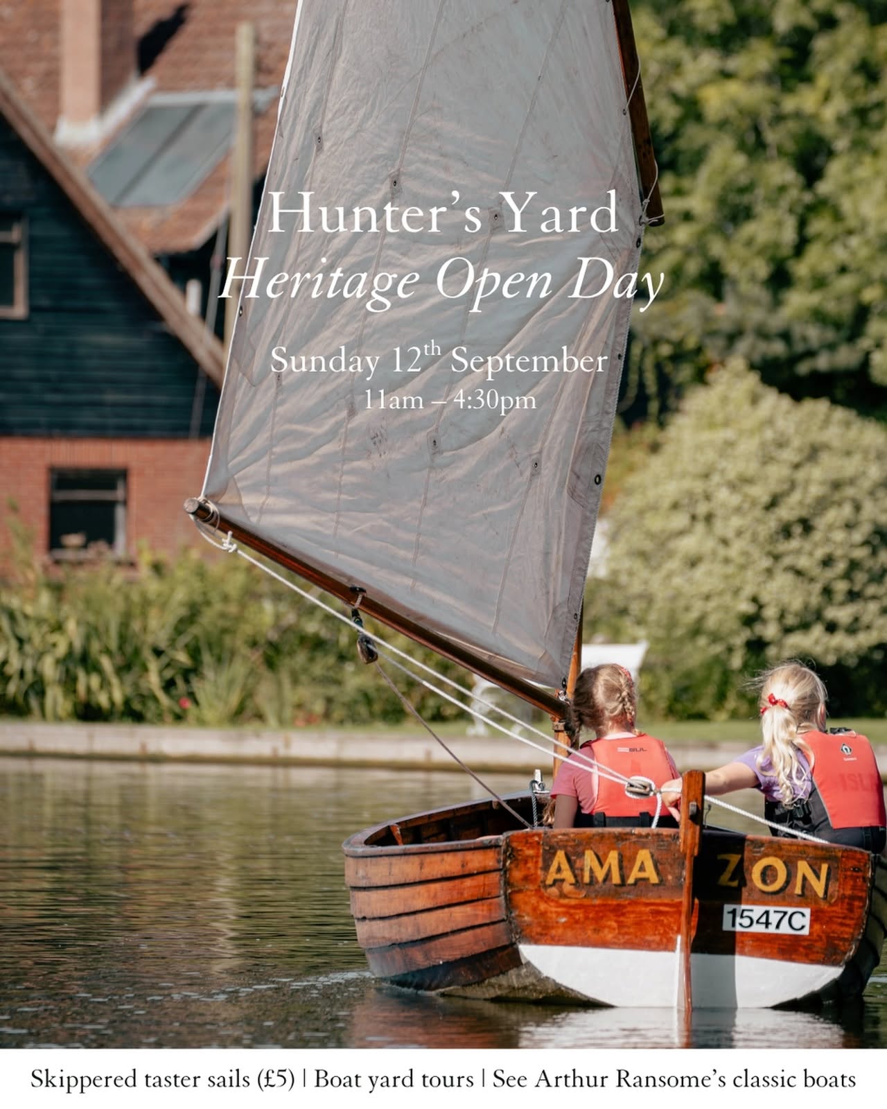 Photo of a traditional sailing yacht with sail up, on very calm water. With text "Hunter's Yard Heritage Open Day"